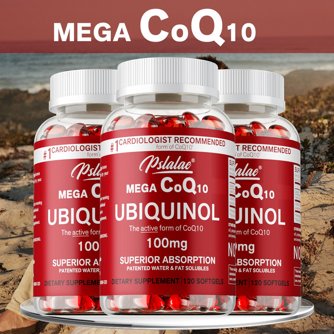 메가 유비퀴놀 CoQ10 100mg 뛰어난 흡수율 특허받은 수용성 및 지용성 천연 코엔자임 Q10 보충제 형태 심장 건강을 위한 항산화제, 3개, 120정