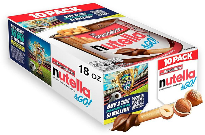 Nutella & GO! 초콜릿 헤이즐넛 스프레드 코코아 + 브레드스틱 스낵 팩 10개 각 51g(1.8온스) 136773, Nutella & GO! 초콜릿 헤이즐넛 스프레드, 코, 51g
