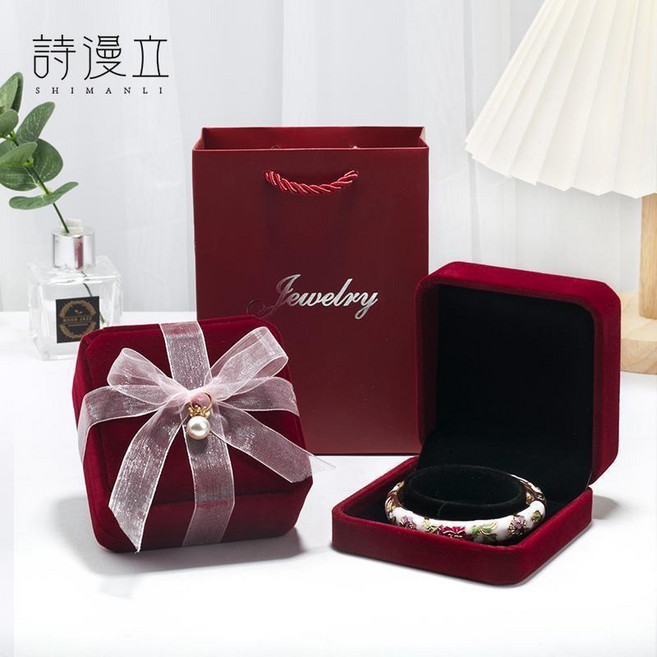 首飾盒 項鏈手鐲盒 戒指盒 求婚禮盒 禮物包裝盒, 1個, 棗紅絨手鐲盒套 盒子+手提袋+賀卡絲