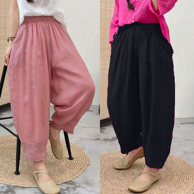 면 마 9부 팬츠 배기 팬츠 하이웨스트 여성바지 린넨 여름팬츠 여자 여름 얇은 와이드 솔리드 캐주얼 얇은 통바지 WAWAMIYA