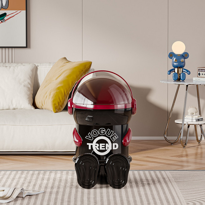 style dr 가정용 쓰레기통 귀여운 우주인 캐릭터 인테리어 쓰레기통 음식물쓰레기통 화장실 쓰레기통 주방 쓰레기통 침실 쓰레기통 자동센서휴지통, 앉은 자세 검정빨간색