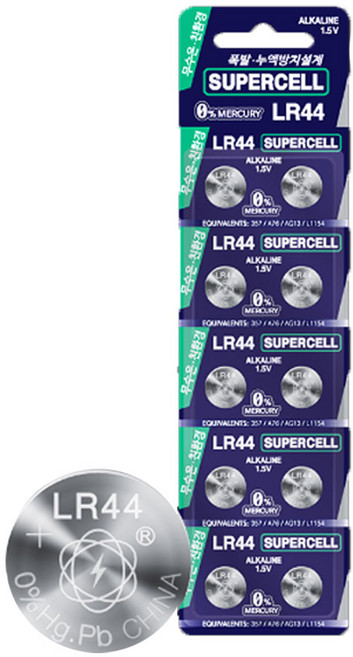 슈퍼쉘 알카라인 건전지 LR44 10입 리튬 전지 수은, 10개입, 1개