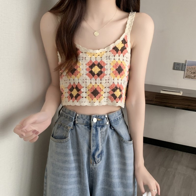 까마느 스퀘어 나시 크로쉐 뷔스티에 크롭 레이어드 니트 4컬러