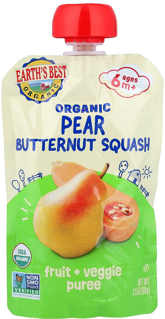 Earth's Best 유기농 과일 + 채소 퓨레 6개월 이상 페어 버터넛 스쿼시 99g(3.5oz) Best (얼스 베스트), Earth's Best, 유기농 과일 + 채소 퓨레,, 1