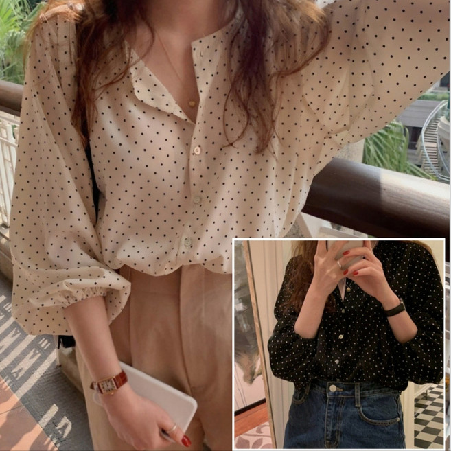 코코 러블리 퍼프 소매 도트 쉬폰 블라우스1+1 블랙 아이보리 (색상사이즈교차선택가능)
