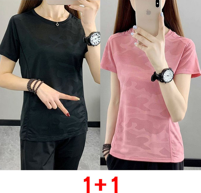 1+1 여성 기능성 냉감 반팔티 여름 아웃도어 자외선 차단 속건성 등산티 상의 얇은 통기성 쿨링 반팔 티셔츠 WMY