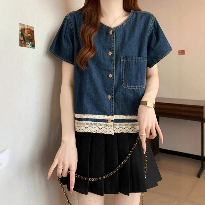 SAHINER 여성 반팔 데님 티셔츠 라운드넥 레이스 포인트 루즈핏 BTX66