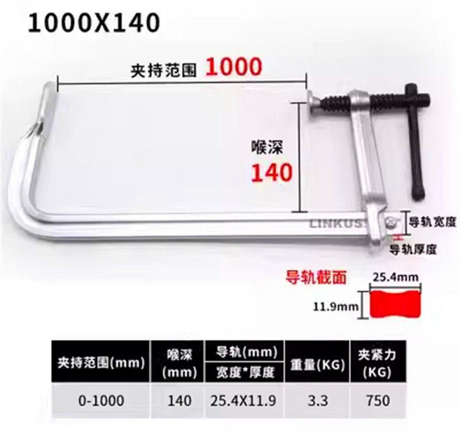 LINKUS 250x120mm 重型鍛造 F夾 木工夾 夾緊器, 重型1000x140 導軌25.4x12, 1個