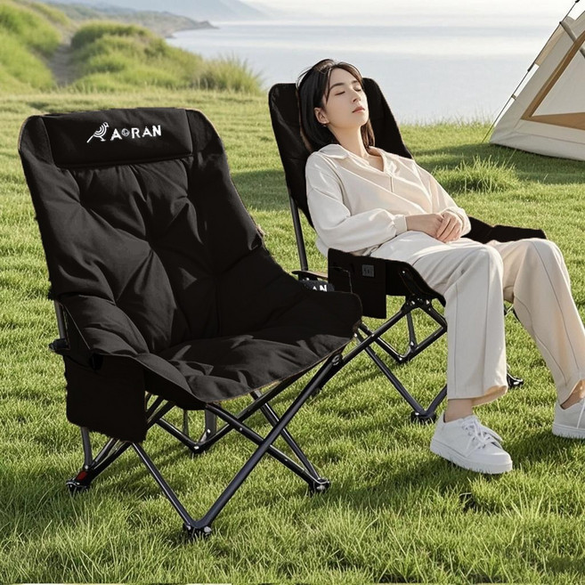 AORAN 각도조절 경량 접이식 캠핑 의자 세트, 2개, 블랙 두 배의 부드러움