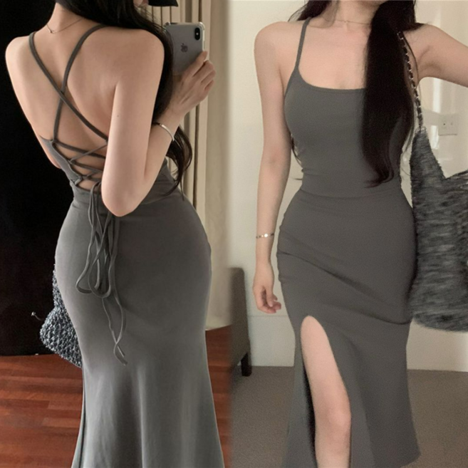 Asure 여자 스트링 끈나시 원피스 슬림핏 옆트임 롱원피스