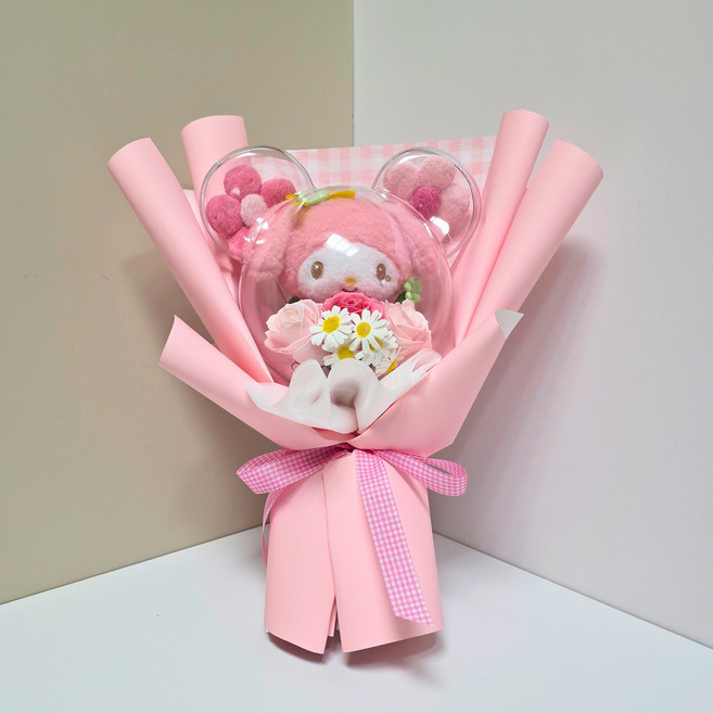 플라워허니B 네잎클로버 산리오 아크릴 인형꽃다발 + 쇼핑백 세트 졸업식 학예회 생일선물, 1개, 마이멜로디