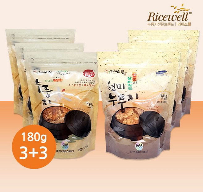 [라이스웰] 백미누룽지180g 3개+현미누룽지180g 3개, 백미180g 3개+현미180g 3개(총 6개), 180g