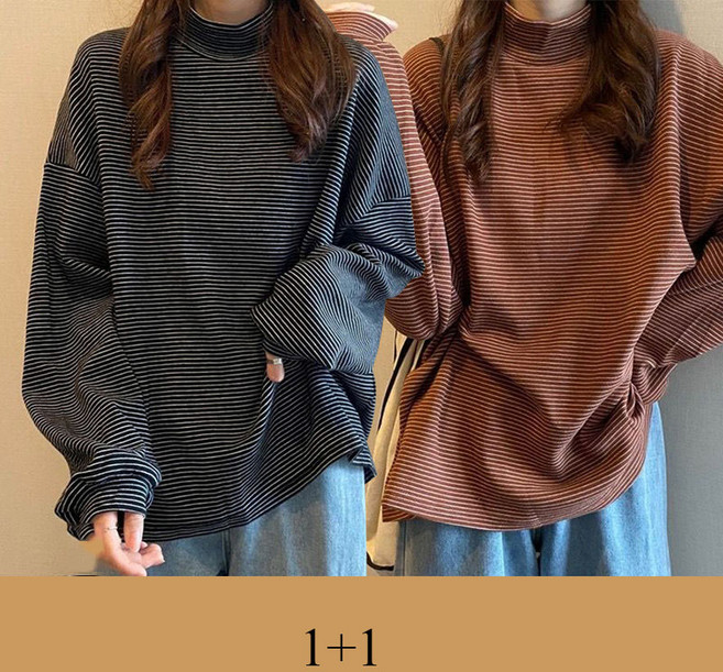 1+1 여성 긴팔티 봄 가을 스트라이프 하이넥 오버핏 가을 캐주얼 긴팔 티셔츠 JS