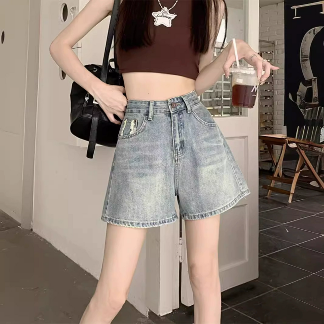 SAHINER 여성 여름 여유핏 하이웨스트 트리밍 데님 핫팬츠 청반바지 LGADK22