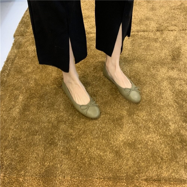 蝴蝶結娃娃鞋 平底鞋 莫蘭迪色 圓頭修身顯瘦, 灰綠色,36