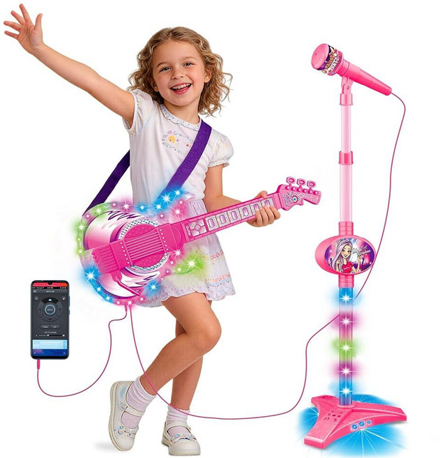 Kids Electric Guitar and Microphone Set Music Toy with Colorful Flashing Light ，Height Mic Stand, Kids Electric Guitar and Micro
