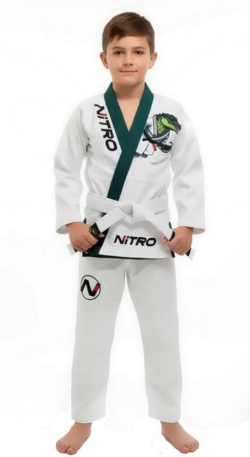 아동용 프리미엄 BJJ 도복 - 무료 화이트 벨트 - 그린 라펠 - 경량 - 악어 - 브라질 주짓수 아동용 유니폼 화이트.