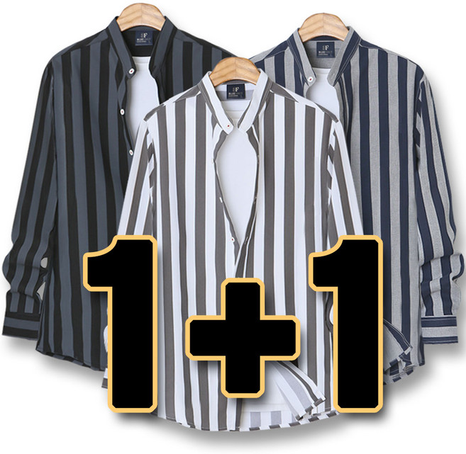 하트비트 쥬어빔 스트라이프 차이나 긴팔 남방 1+1 세트 [2장 묶음] 단가라 셔츠 [국내생산]