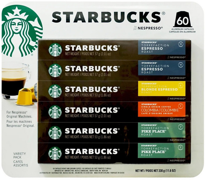 스타벅스 Starbucks 네스프레소 호환 캡슐커피 에스프레소 블론드 파이크 플레이스 콜롬비아 4종 캐나다 직배송, 60개, 1개입, 5g