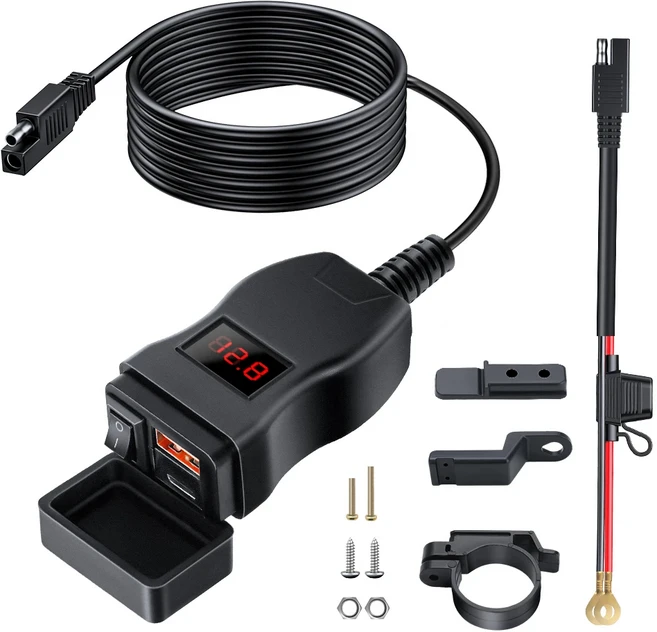 PD QC3.0 오토바이 USB 고속 셀룰러 충전기 방수 유형 C 포트 소켓 커넥터 셀 모바일 전압계 디지털 충전, 1개