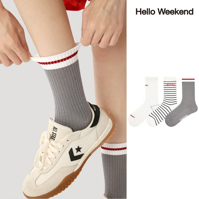 Hello Weekend 여성 스트라이프 배색 봄여름 양말 장목 양말 중목 양말 운동 압박 면 양말 3족 세트