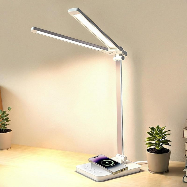 책상 조명 LED 데스크 램프 디자인 등록 상품 LED 빛 탁상 조명 USB 전원 눈 친화적 스마트폰 무선 충전 초고휘도 다각도 조정 5단계 조색 디밍 어린이 공부용 (화이트), 상세페이지 참조