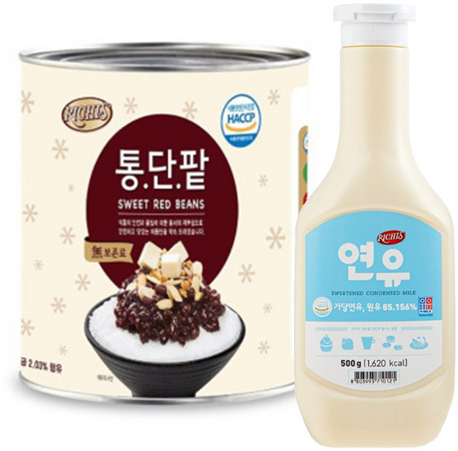 [성실한오피스] 동서식품 리치스 통단팥 (캔) 3kg/1개 리치스 연유 500g/1개 시원하고 맛있는 여름 팥빙수 만들기 재료, 1세트, 500g