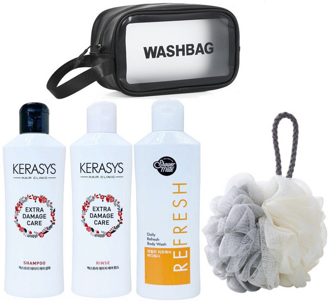 여행용 세면도구 5종 세트 올인원 휴대용 트래블키트(샴푸+린스+바디워시+샤워볼) 출장 캠핑 필수품, 1세트