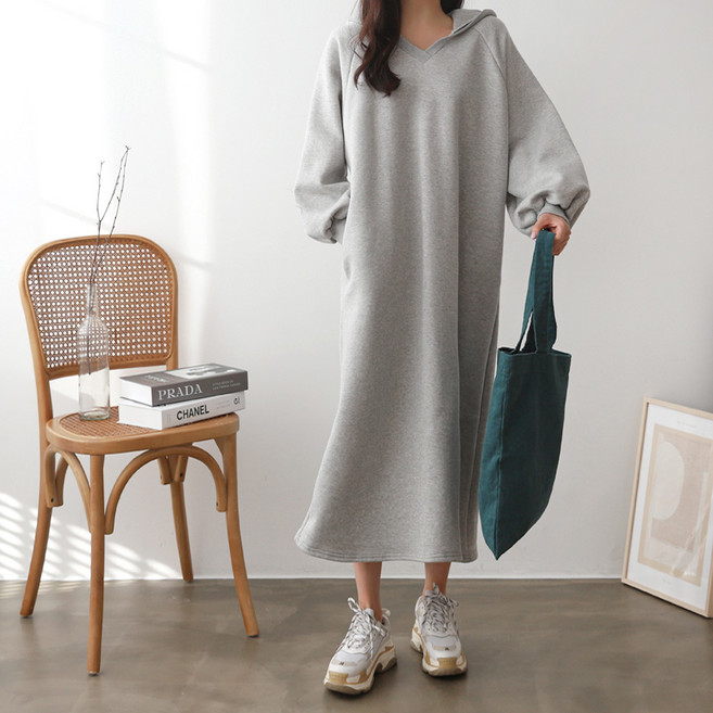 마더라이크 기모 후드V롱원피스 빅사이즈 여성의류 겨울 임부복