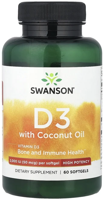 Swanson 비타민D3 코코넛오일 함유 소프트젤 60정, Swanson비타민D3코코넛오일함유소프트젤60정, 1개 - 쿠팡