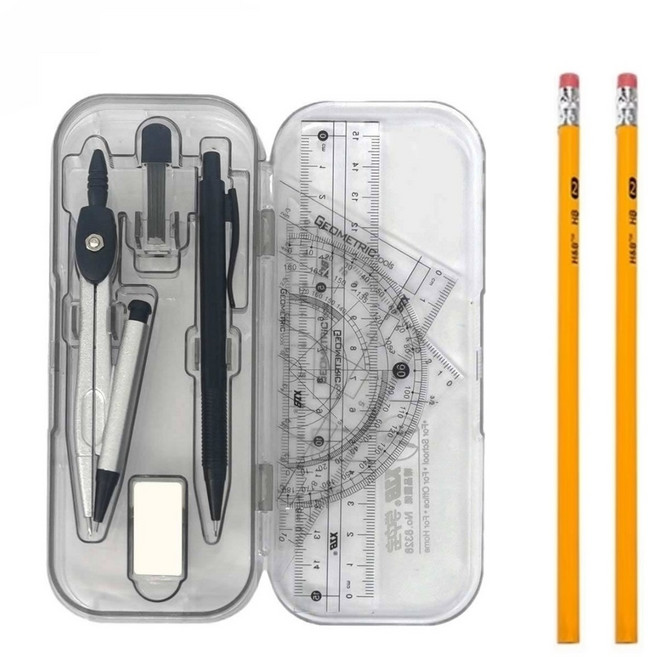 CLASSYDAY 제도용 전문가용 컴퍼스 각도기 삼각자+오피스연필 2EA 11종 세트, 1개, 화이트