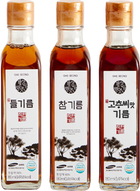 참기름 들기름 고추씨맛유 기름 선물세트 3구 개성방앗간 명절 설 선물 세트 추천, 180ml, 3개