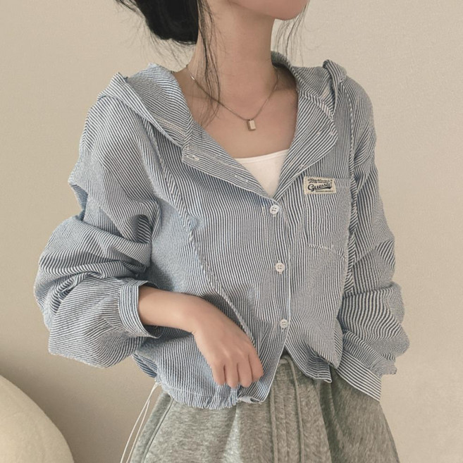 [엔젤디] 여성 스트라이프 후드 숏 재킷 바람막이 집업 점퍼