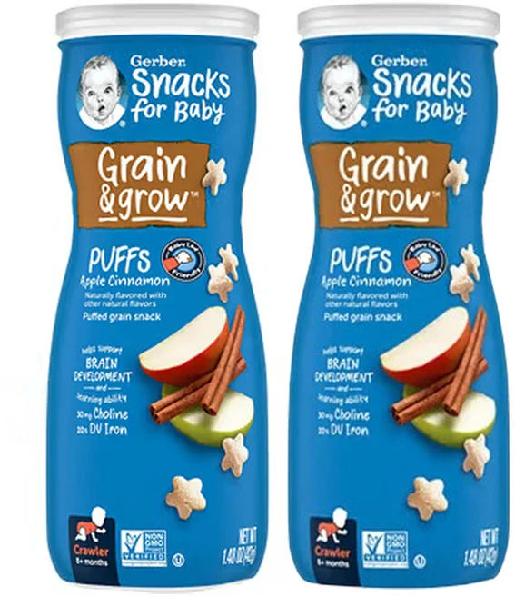 거버 아기용 간식 곡물 및 성장 퍼프 곡물 간식 8개월 이상 사과 계피 1.48온스, 42g, 2개, 사과계피 - 쿠팡