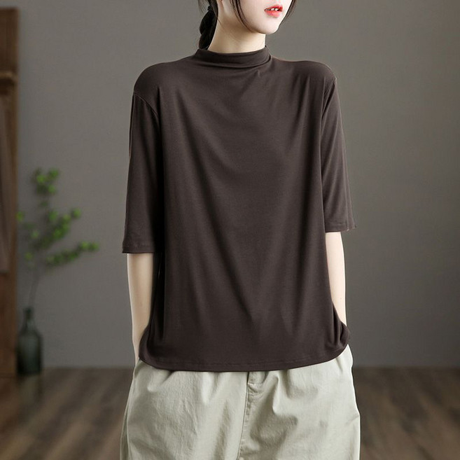 중년 여성 반팔 티셔츠 봄 여름 캐주얼 반폴라 반팔티 루즈핏 슬림핏 여자 5부소매 이너 상의 LJX