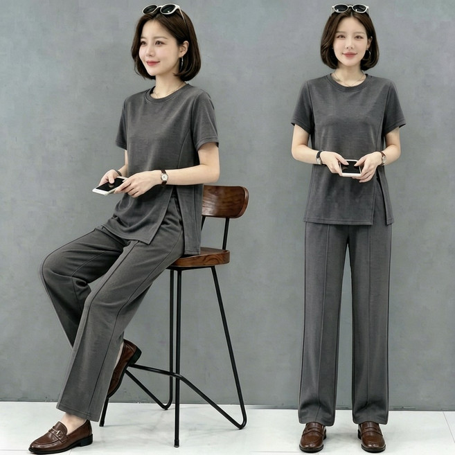 모던룩 봄여름 오버핏 슬릿 세트업 반팔티+와이드팬츠 중년엄마 데일리 코디 세트 편안착용 통풍 good