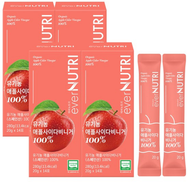 에버뉴트리 스페인산 유기농 애사비 100% 애플사이다비니거, 4개, 280g