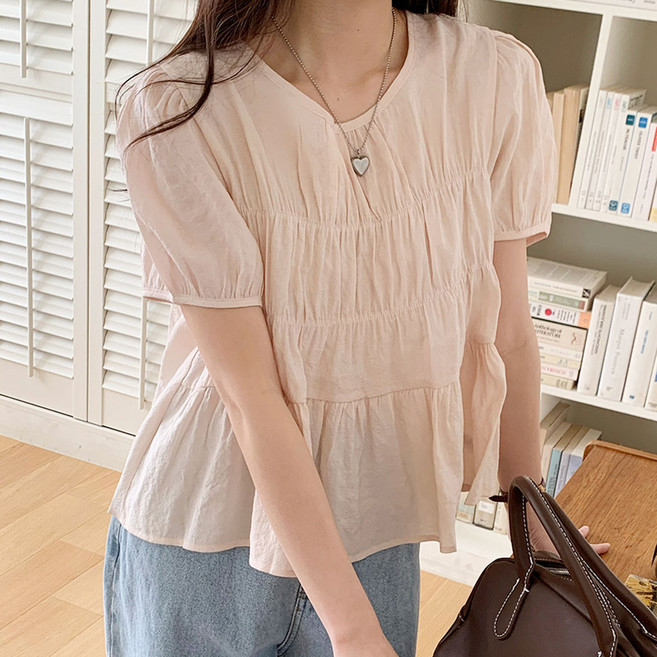 S~XL사이즈 여성 여리 러블리 퍼프 셔링 주름 밴딩 반팔 블라우스 빅사이즈 하객룩