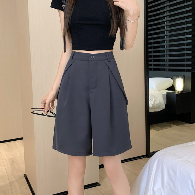 부엉구구 OW0094A 여성 여름 캐주얼 하이웨스트 루즈핏 5부정장 반바지
