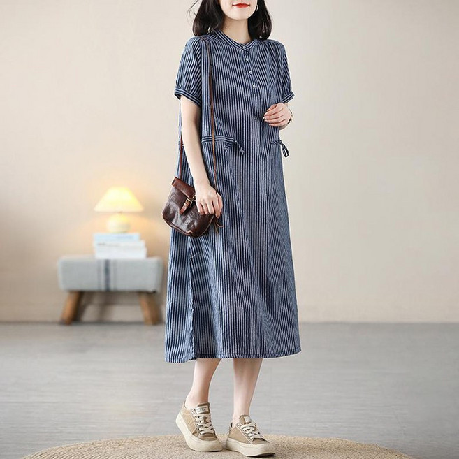 ORZQU 여름 스트라이프 반팔 롱원피스 허리 스트링 조임 셔츠원피스 미디치마 휴양지 빅사이즈