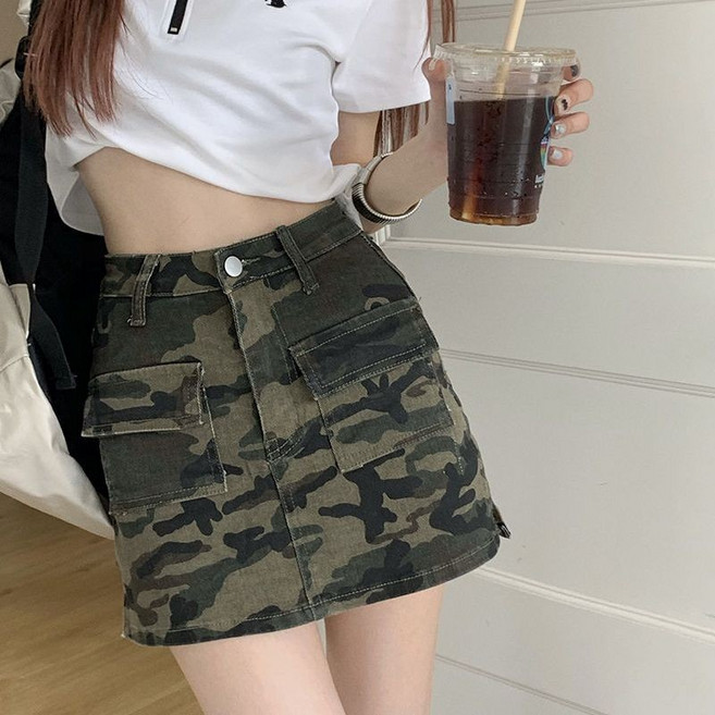 【桃園出貨 】 美式復古短款工裝裙夏季女包臀高腰顯瘦牛仔半身裙a字迷彩短裙潮