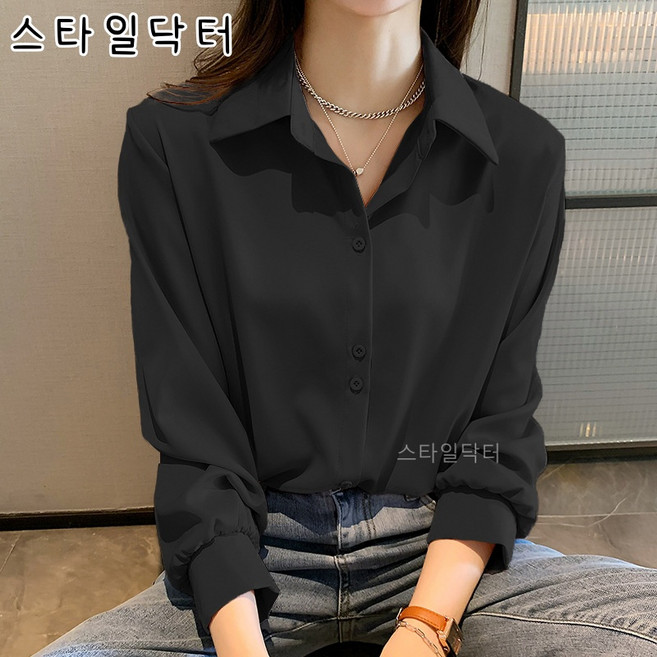 스타일닥터 봄철 시폰 긴팔 파마 방지 셔츠 상의 디자인감 소크라운 주름 방지 와이드 셔츠녀