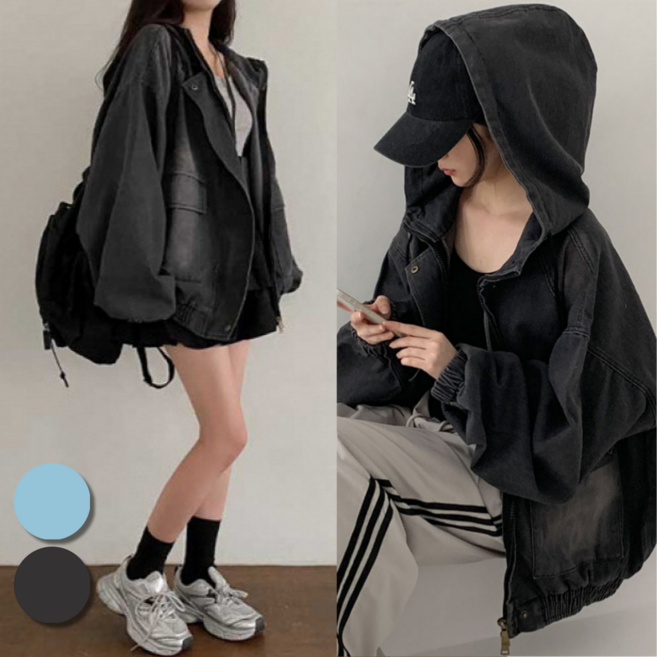 핏몬 여성 오버핏 데님 후드 청 자켓 빅사이즈 간절기 아우터