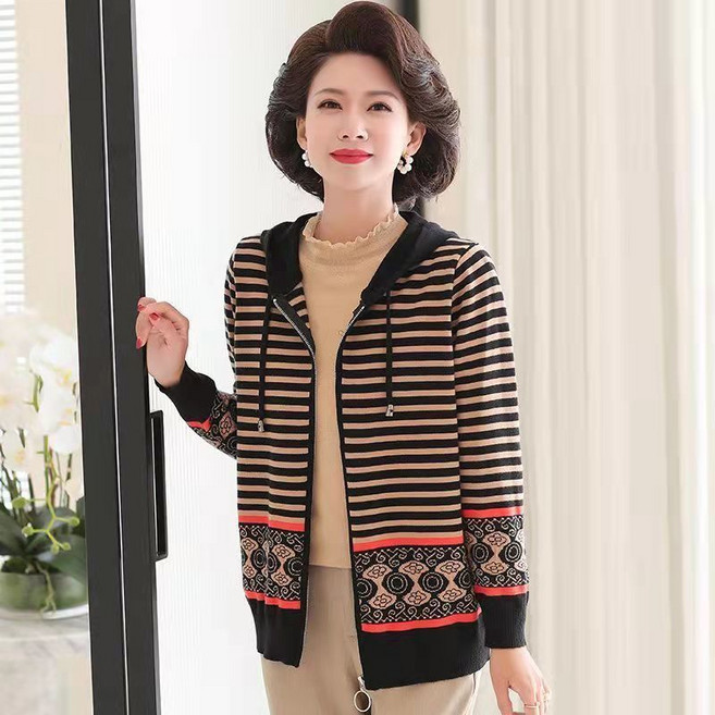 COSYEVNO 중년 엄마 후드 카디건 봄 가을 빅 사이즈 루즈핏 패션 스트라이프 배색 프린트 긴팔 상의 lyjlms-08