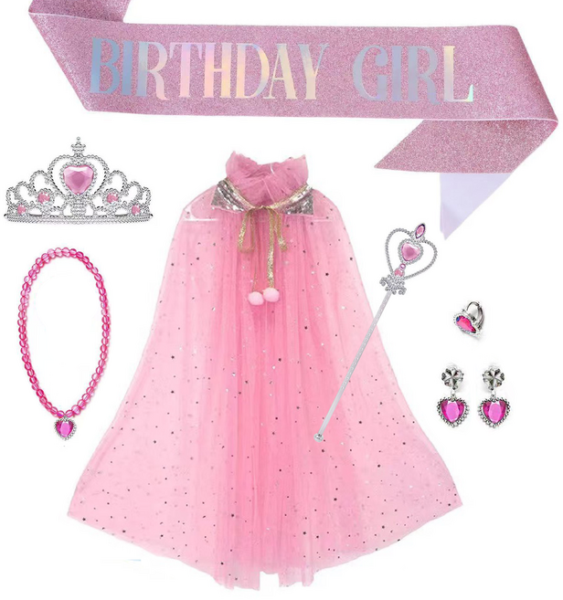 [청춘교복] 공주 생일 파티 용품 5종세트+망토+어깨띠 축하 코스프레 연말 선물 소품 프린세스 코스튬 주얼리 왕관 요술봉 목걸이 액세사리, 1개, 연핑크-벌스데이걸
