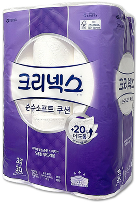 유한킴벌리 크리넥스 화장지 3겹 순수소프트쿠션 천연펄프 롤휴지, 30롤, 1개