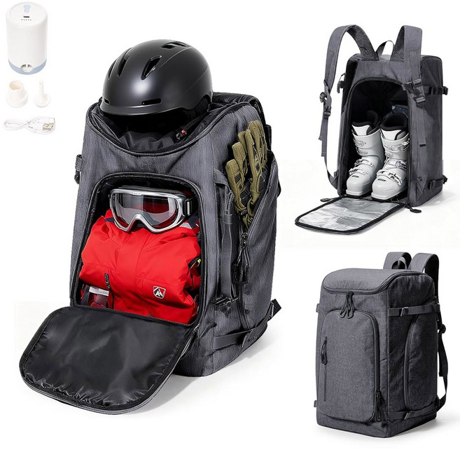 헬멧 고글 장갑 스키 스노보드 및 액세서리용 펌프 방수 부츠 백팩이 포함된 렌돌크 스키 백팩 60L 진공 여행용 백팩(그레이), 블랙 펌프스, 1개