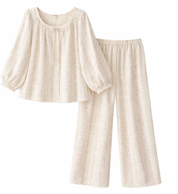 여성 부드러운 긴팔 잠옷 플라워 홈웨어 파자마