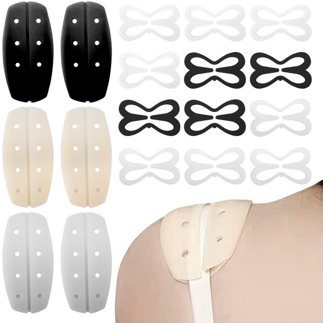 브라 어깨끈 패드 브라클립 세트 흘러내림 방지 브래지어끈 고정 어깨패드 실리콘 브라끈 미끄럼 방지 버클 18개 브라끈 고정용품 9.5cm x 5.3cm (화이트 스킨색 블랙)