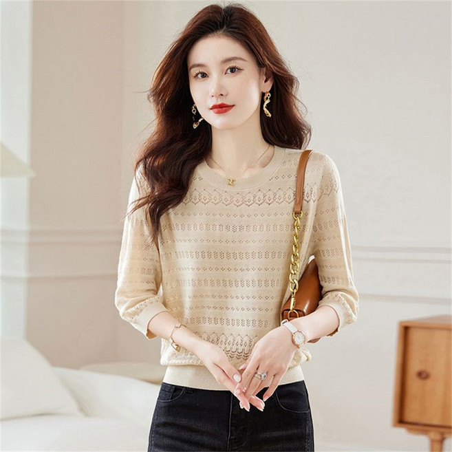 TKX 여성 라이트 니트 스웨터 얇은 구멍 패턴 라운드넥 7부소매 슬림핏 데일리 심플 오피스 캐주얼 기본 이너 탑